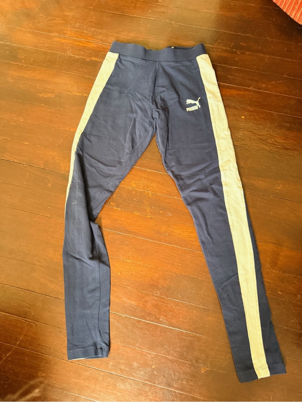 Puma Navy Leggings with Cream Side Stripes